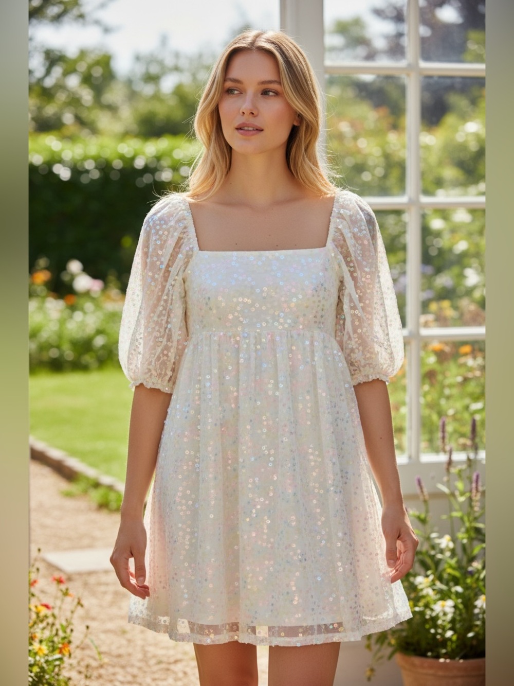 Altar'd State XS Iridescent Sequin Puff-Sleeve Dress Princess Fairycore Coquette